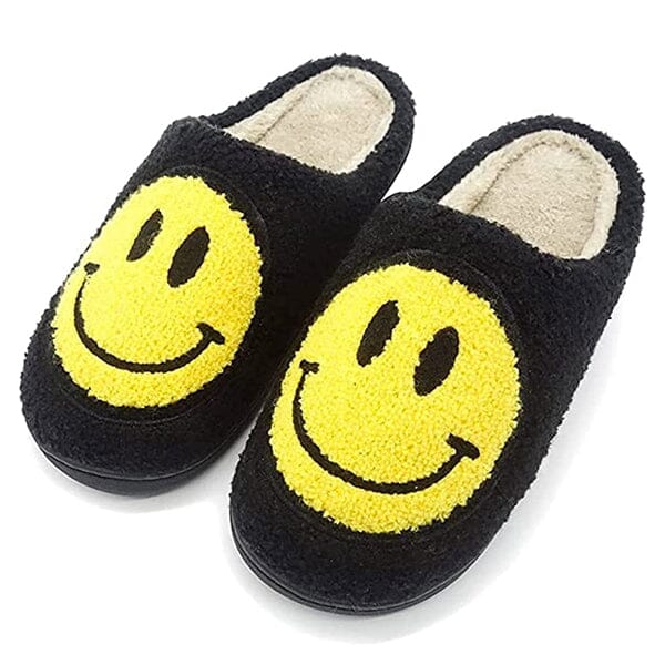 Smiley Face Plush Slippers for Indoors & Outdoors (Multiple Sizes) Simple Showcase Black - XS (5.5-6.5 Women / 5-6 Men) 