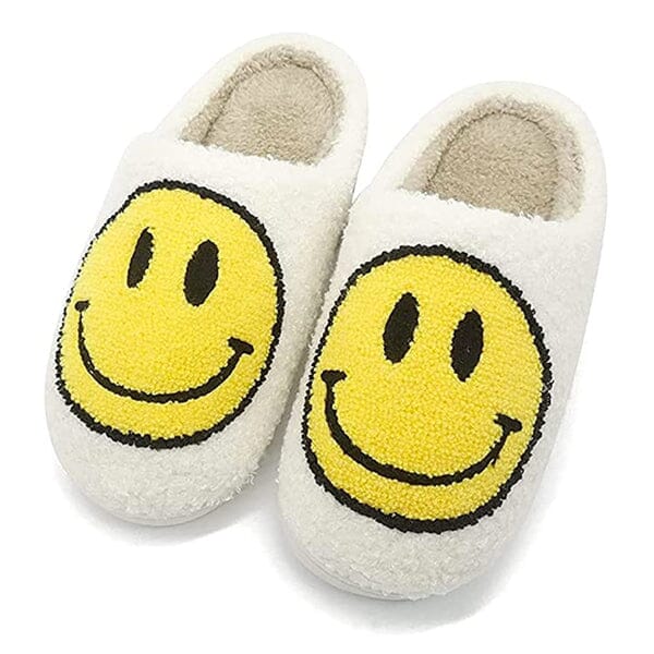 Smiley Face Plush Slippers for Indoors & Outdoors (Multiple Sizes) Simple Showcase White - XS (5.5-6.5 Women / 5-6 Men) 