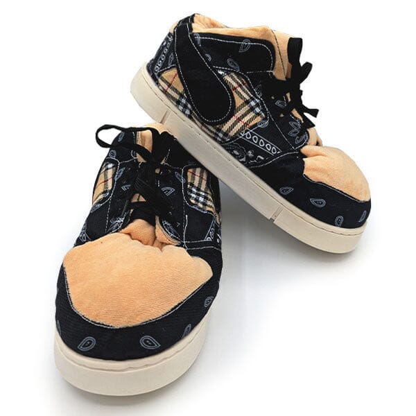 Plush Sneaker Slippers 2025 Collection (1 Pair) Multiple Styles Simple Exclusive Plaid Low Top Basketball Sneakers - Beige & Black Bandana 