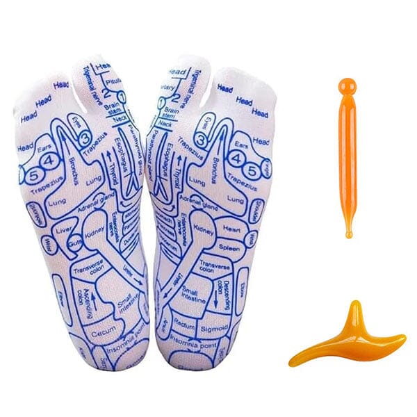 ReflexiWear Reflexology Socks Foot Pressure Point Guide Map (Multiple Sizes) 2 Massage Tools Included Simple Showcase 