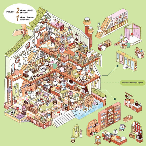 Studio Art Moodioma Kawaii Sticker Story Scene Kit (2 Sticker Sheets + Background Card) Multiple Styles Simple Studio Art Flying Castle (313 Stickers) 