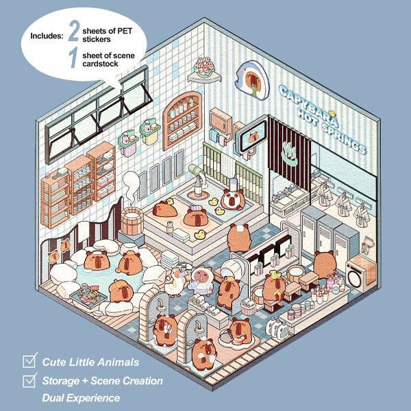 Studio Art Moodioma Kawaii Sticker Story Scene Kit (2 Sticker Sheets + Background Card) Multiple Styles Simple Studio Art Capybara Hot Springs (140 Stickers) 