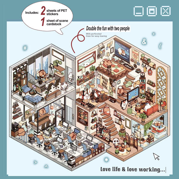 Studio Art Moodioma Kawaii Sticker Story Scene Kit (2 Sticker Sheets + Background Card) Multiple Styles Simple Studio Art Working Office (340 Stickers) 