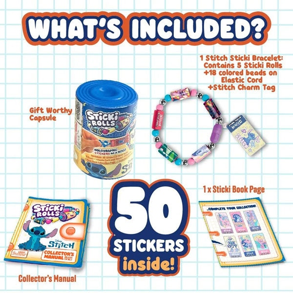 Sticki Rolls Disney's Stitch Wearable Reusable Sticki Band Mystery Capsule (50 Stickers Inside!)