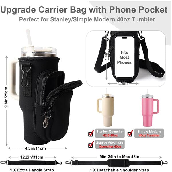 HydriEase Carry Bag Holder w/ Strap & Pockets for 40oz Tumbler Cup Simple Showcase 