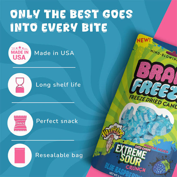 Brain Freeze x Warheads: Extreme Sour Crunch Freeze Dried Candy (2.2oz) Blue Raspberry Flavor