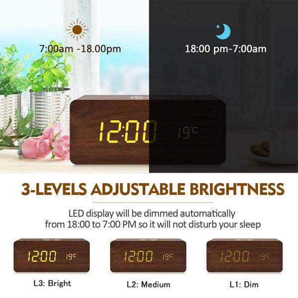 LumbrTime Wood Finish LED Clock With Wireless Induction Phone Charger Simple Showcase 