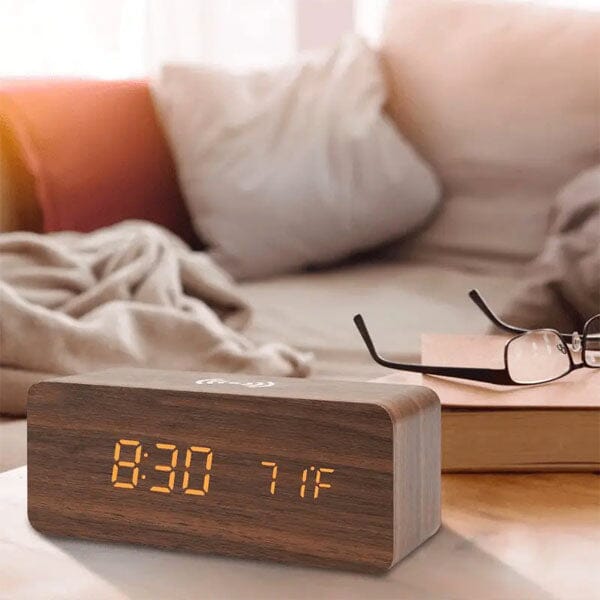 LumbrTime Wood Finish LED Clock With Wireless Induction Phone Charger Simple Showcase 