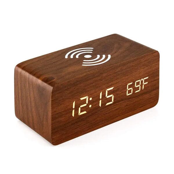 LumbrTime Wood Finish LED Clock With Wireless Induction Phone Charger Simple Showcase 